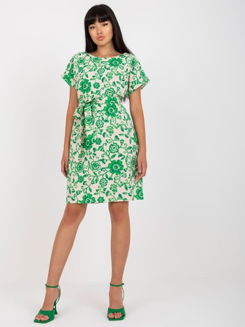 Beige and green linen dress with flowers to the knee 