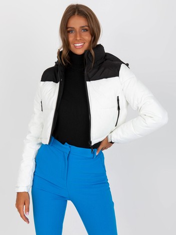 Black and white quilted winter jacket with hood 