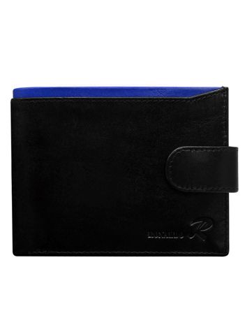 Black leather wallet for men with blue insert fastened