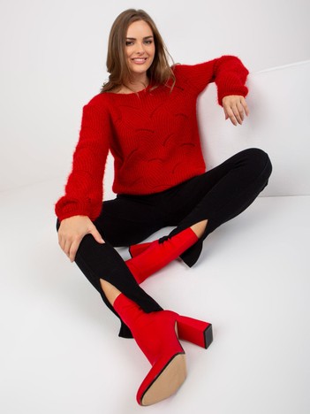 Dark red fluffy classic sweater with boat neckline OCH BELLA 