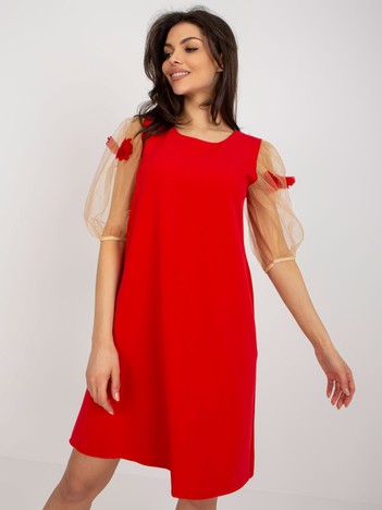 Red and camel cocktail dress with puff sleeves