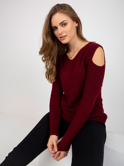 Burgundy Off Shoulder Long Sleeve Sweater  