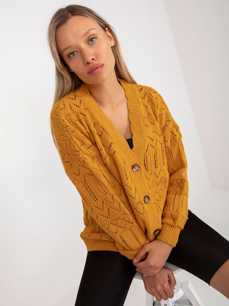 Dark yellow openwork summer sweater with buttons RUE PARIS 