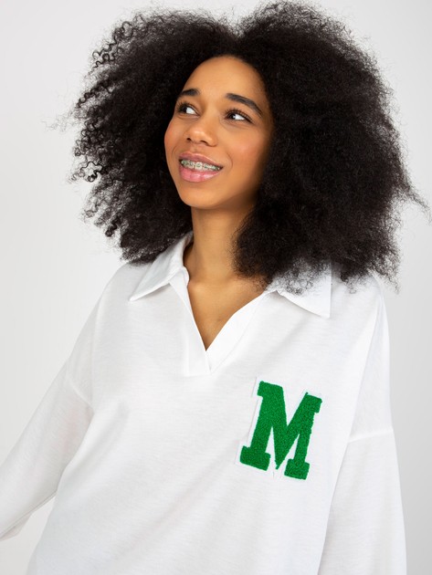 Ecru Cotton Oversized Blouse with Collar and Letter