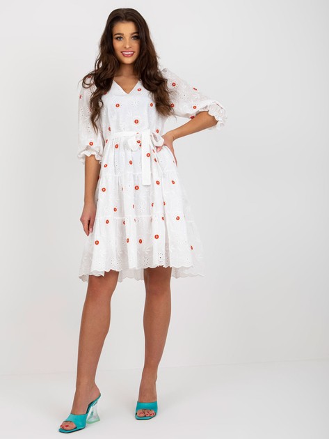 Ecru-red flared dress with ruffle and embroidery