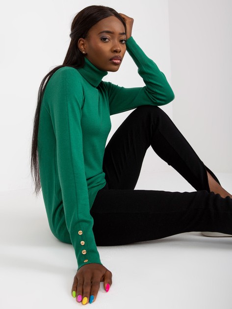 Green sweater with turtleneck and buttons on sleeves 