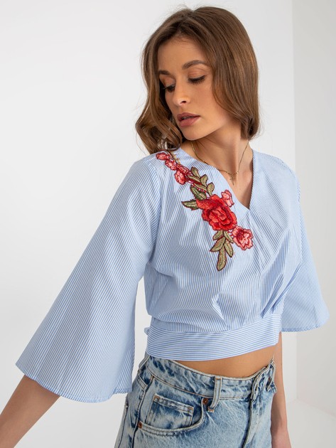 Light blue and white short formal blouse with tie